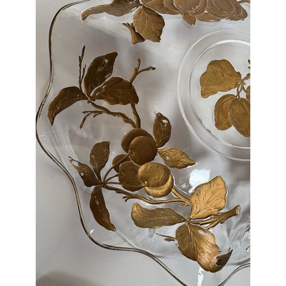 Vintage Glass Intaglio Plate Dish Goofus Glass Ruffled Gold Rim Red Fruit 10.5" - Picture 12 of 16